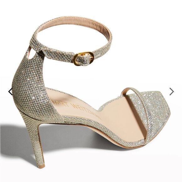 Stuart Weitzman's Nudistcurve Shimmery Ankle Strap Sandals Silver Size 6.5B NIB - Picture 3 of 14